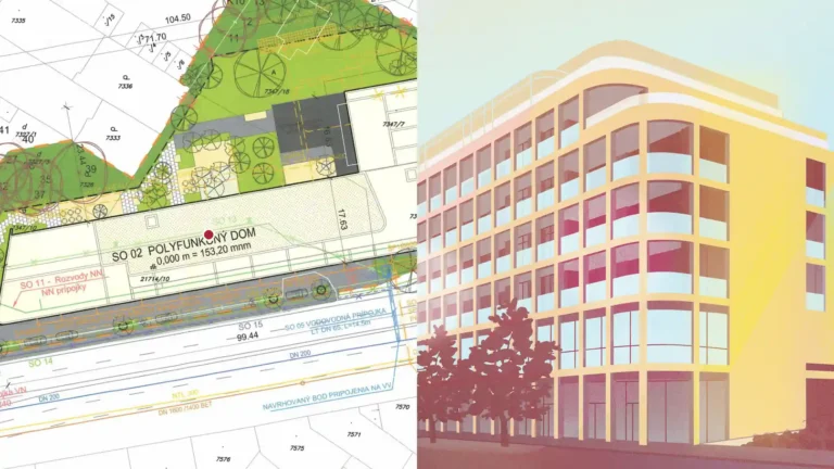 Schanz v Bratislave: poloha domu v koordinačnej situácii a architektonická vizualizácia