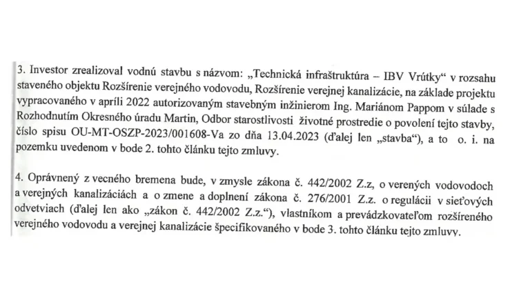 IBV Vrútky – Lašťoky – Sekaniny: výrez zmluvy o realizovanom vodovode a kanalizácii