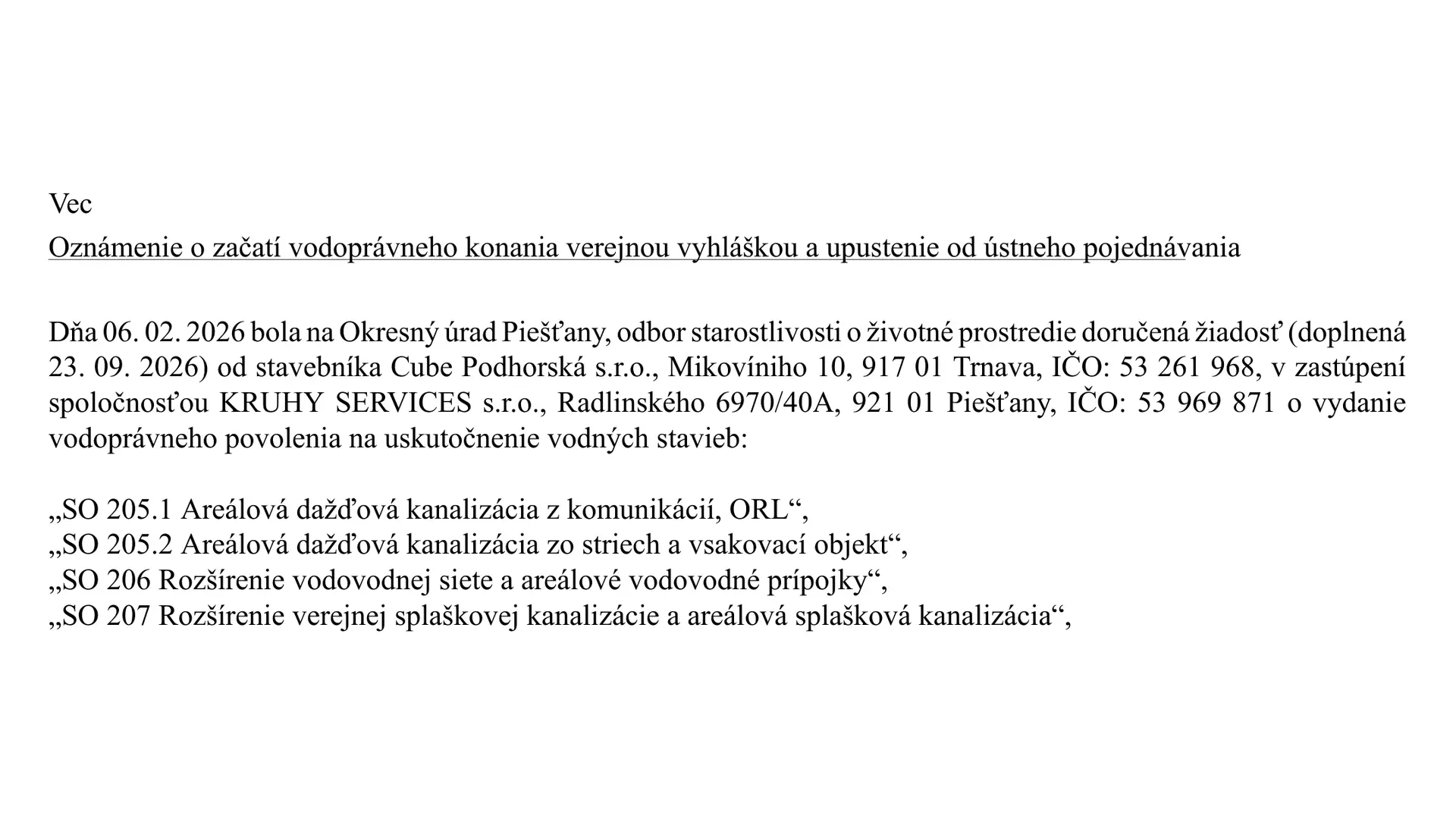 Dokumentačný obrázok oznámenia o vodoprávnom konaní