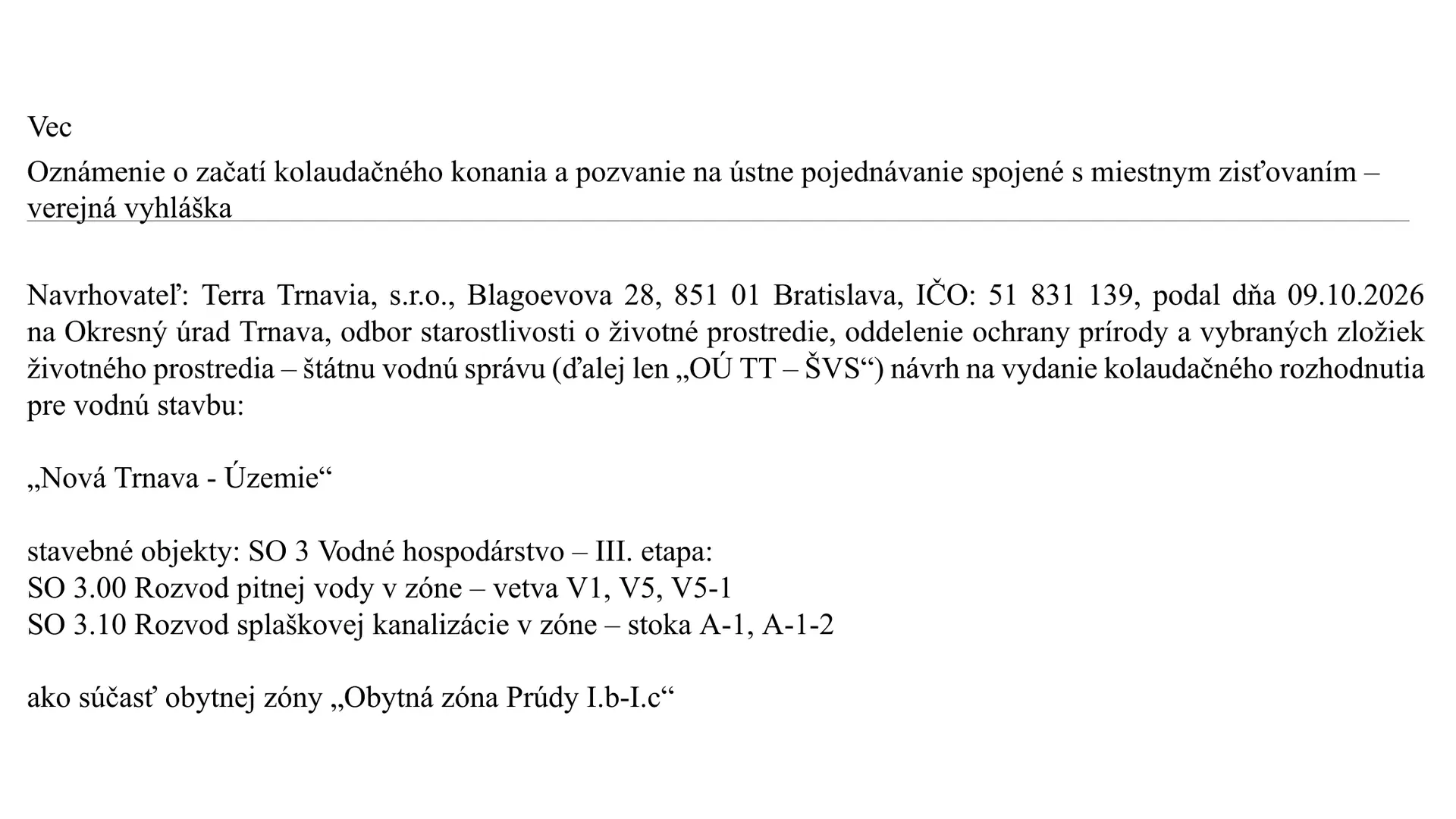 Dokumentačný obrázok oznámenia kolaudačného konania vodných sietí