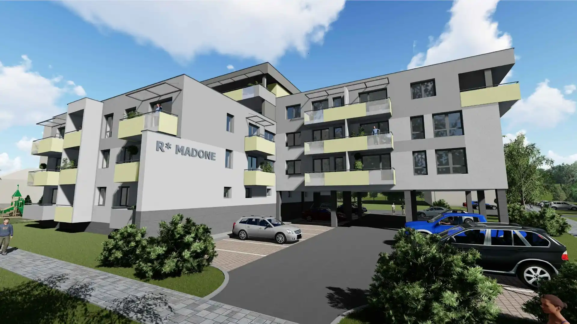 Staršia vizualizácia fasád s balkónmi a pôvodne otvoreného priestoru pod bočným krídlom