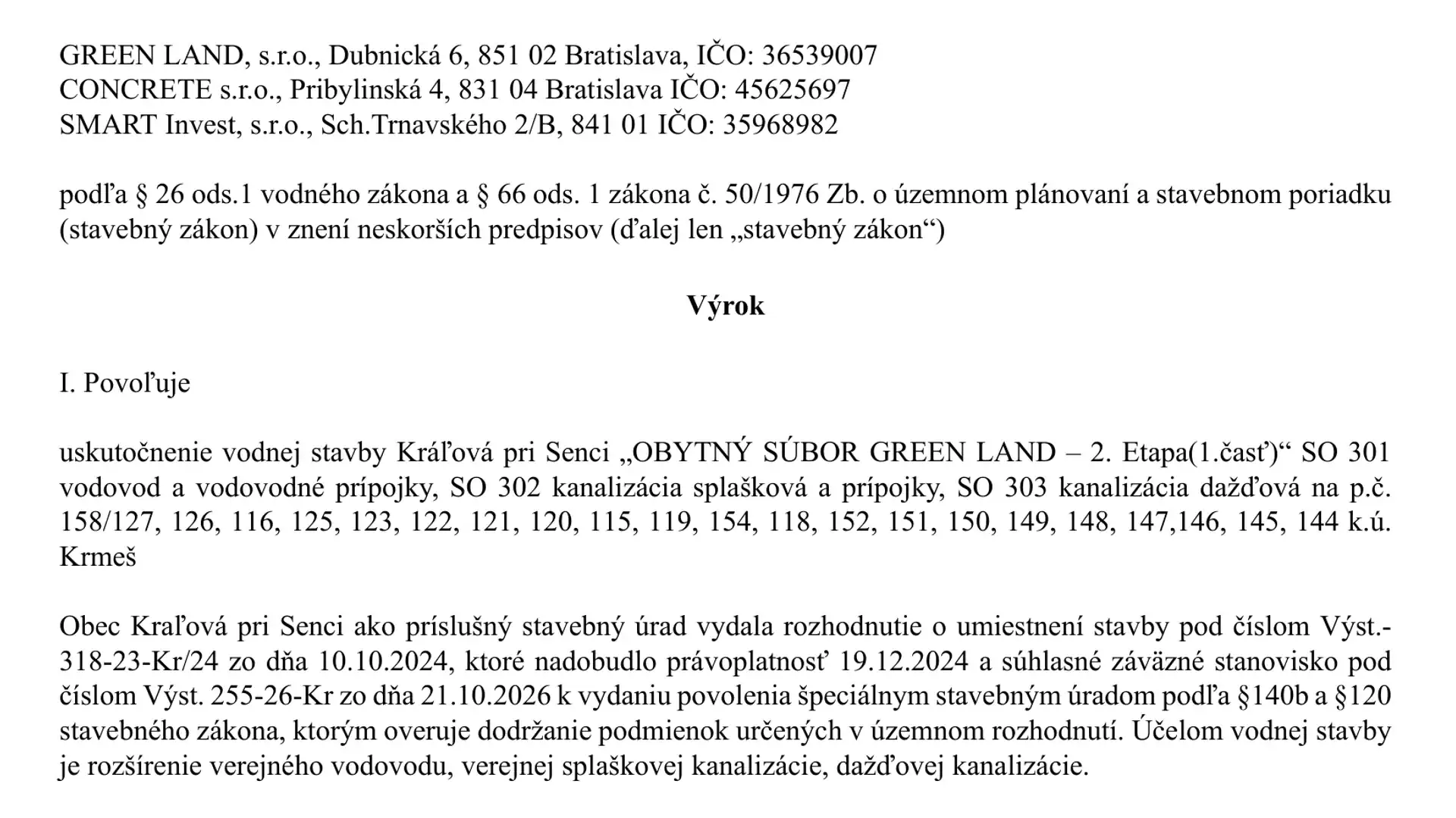 Dokumentačný obrázok výroku povolenia vodovodu a kanalizácie