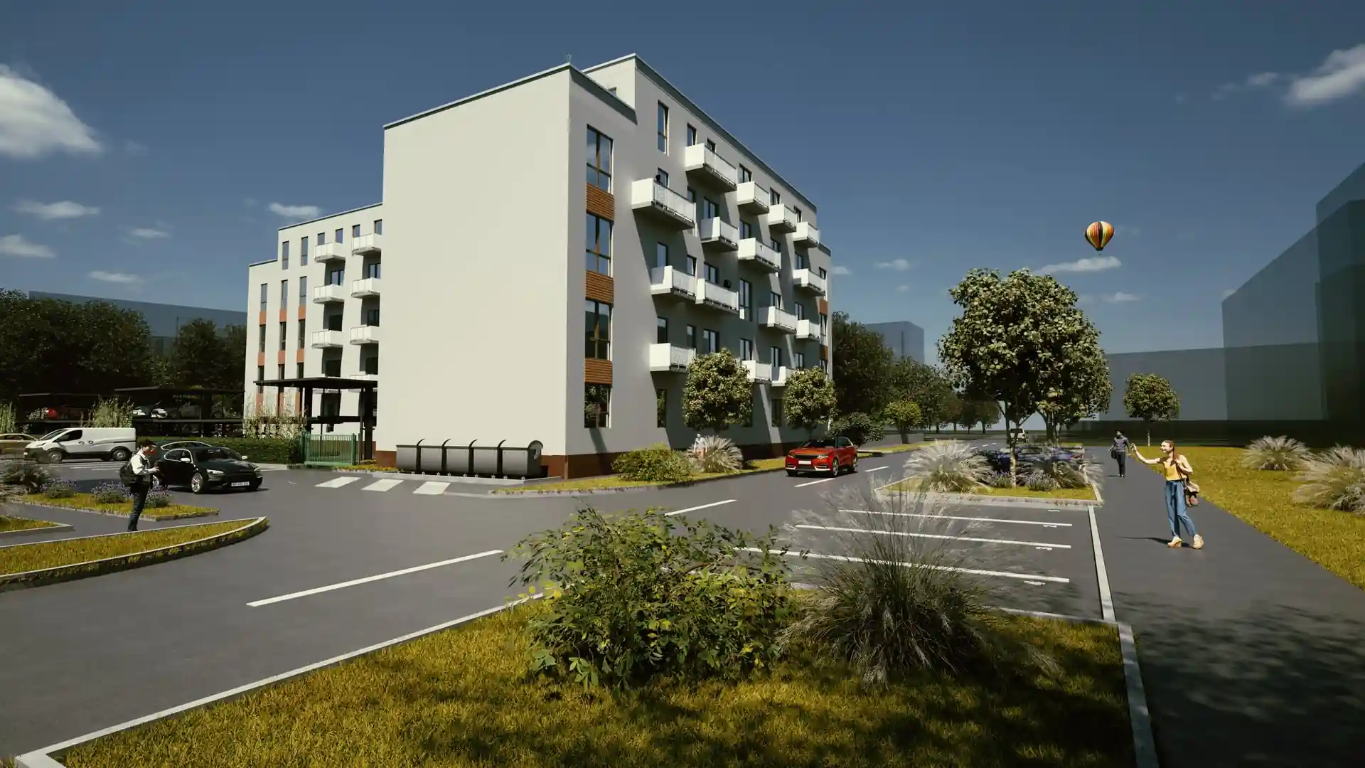 Vizualizácia bytového domu s balkónmi, chodníkmi a parkovaním