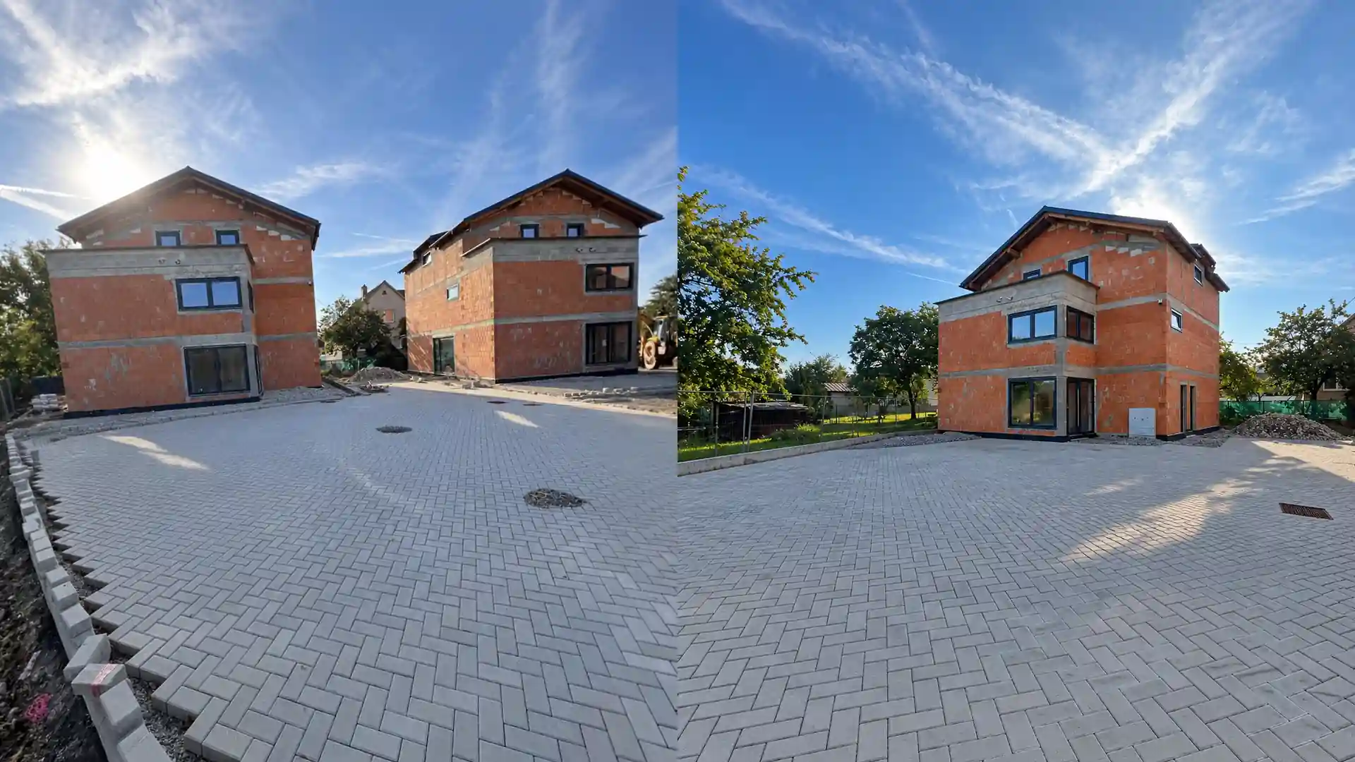 Dva fotografické zábery rozostavaných domov a dláždených plôch