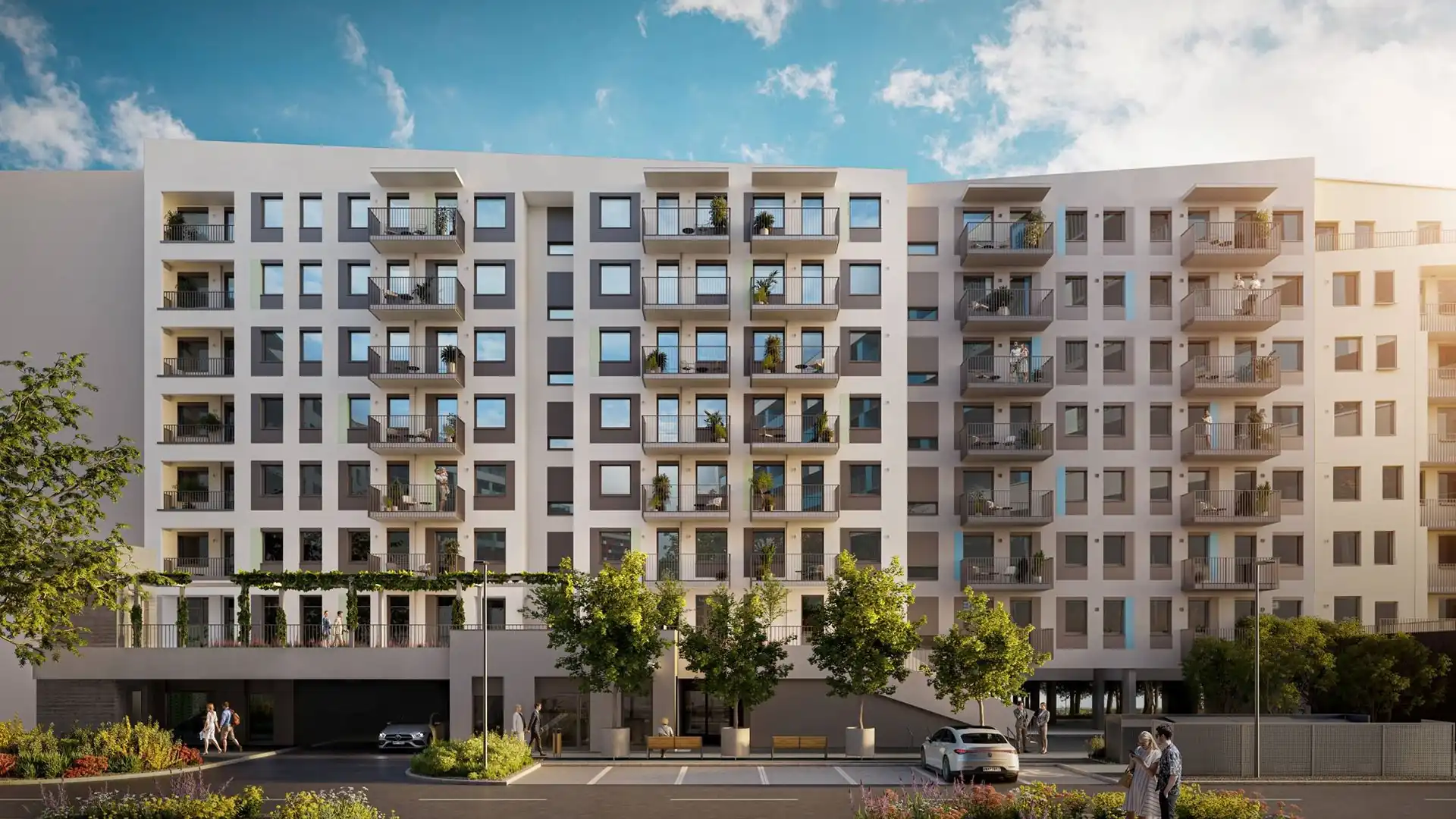 Vizualizácia priečelia bytového domu Magnolia 4 s balkónmi a parterom